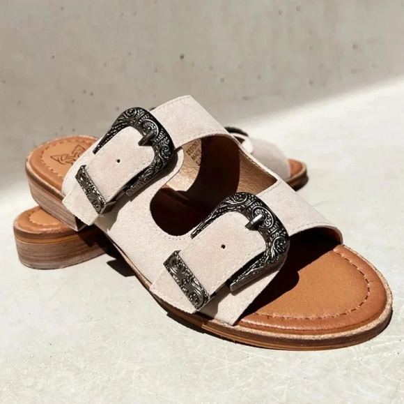 New! Tan Suede Western Buckle Slip On Slide Sandals in Sand - Picture 8 of 8